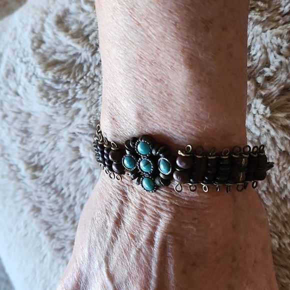 Beaded Brass Turquoise Chain Bracelet - Picture 5 of 9